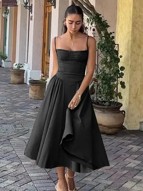 Elegant Spaghetti Strap Midi Dress